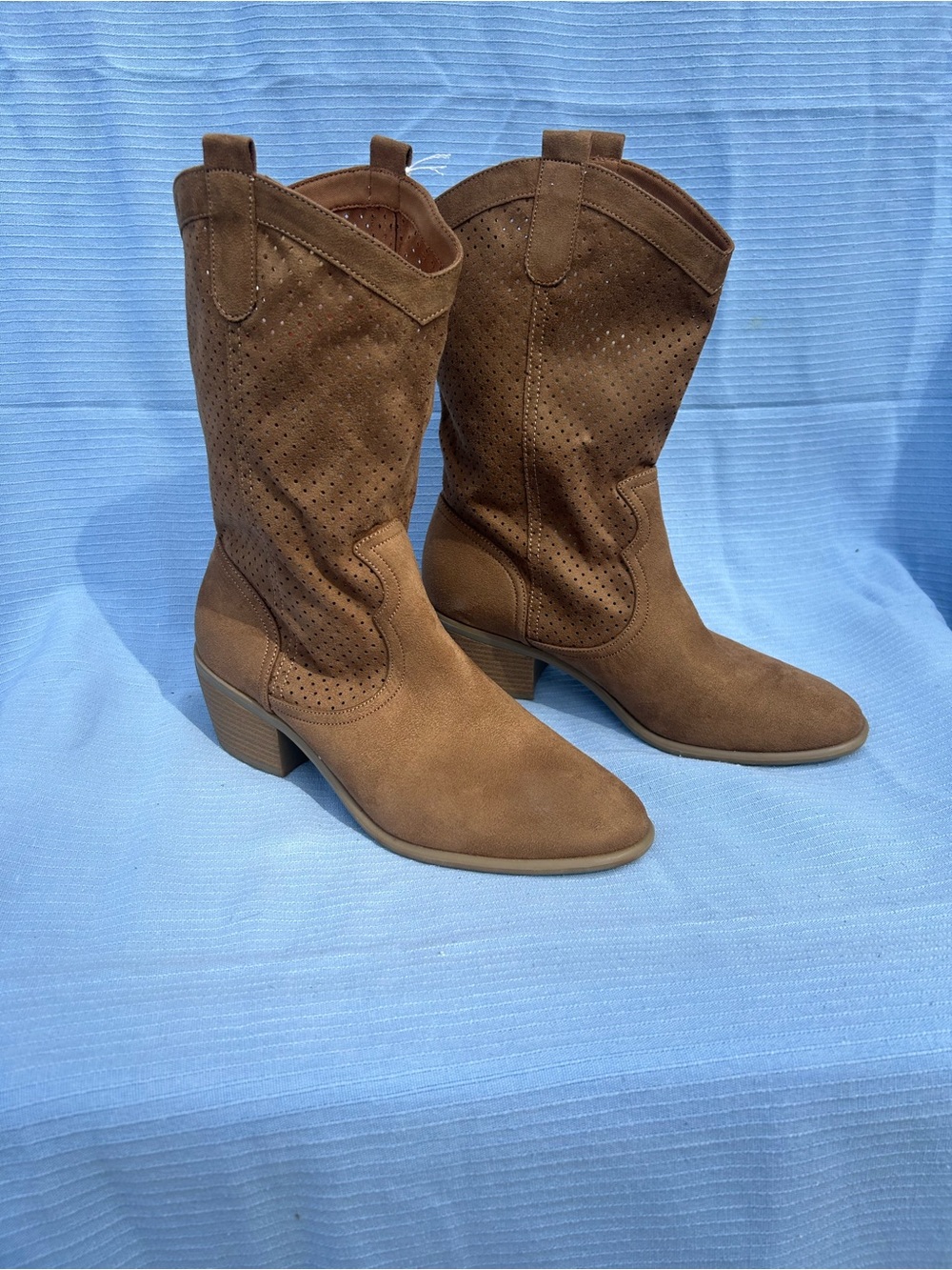American Eagle By Payless Brown Suede Perforated Mid-Calf Heeled Boots